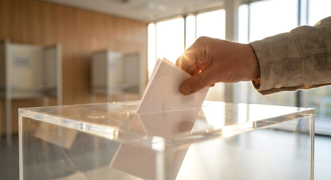 Mano de una persona depositando su voto en una urna transparente en un colegio electoral, concepto de democracia y elecciones
