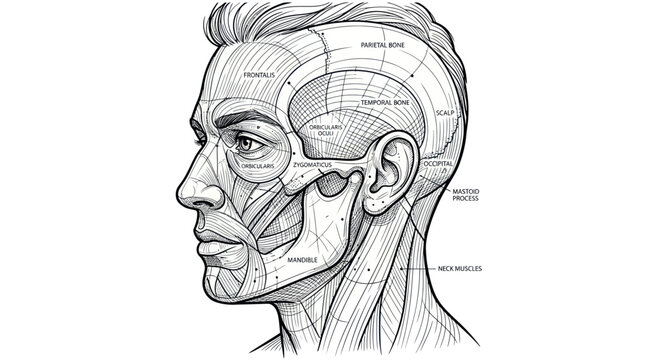 Anatomical Illustration of Male Head Profile with Muscles and Skull Details
