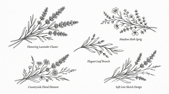 Collection of hand drawn lavender clusters and meadow herb sprigs for rustic botanical designs