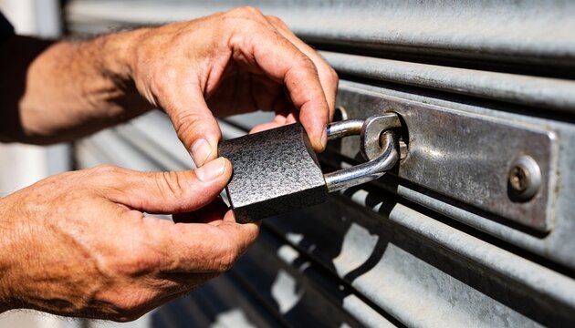 Aligning pair of hands locking padlock shackle into hasp on corrugated roll-up shutter, dark sleeve