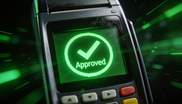 Showing POS reader with LCD Approved at checkout, with keys colored buttons printer green streaks