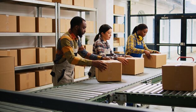 Packing three workers in plaid handling boxes on conveyor in warehouse with hearing protection