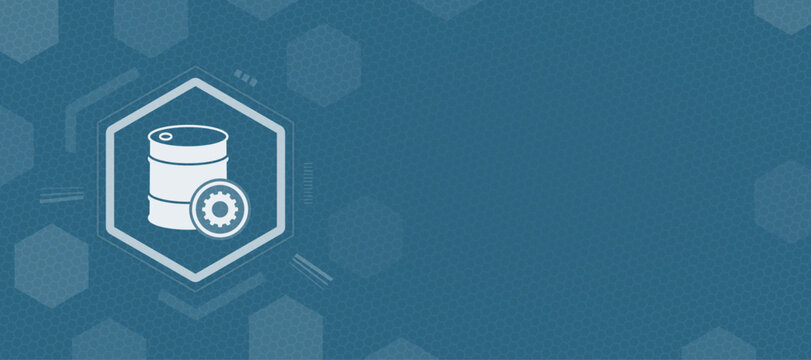 Hexagonal icon featuring an industrial barrel with a gear symbol on a blue digital tech background for industrial production data management and chemical engineering concepts