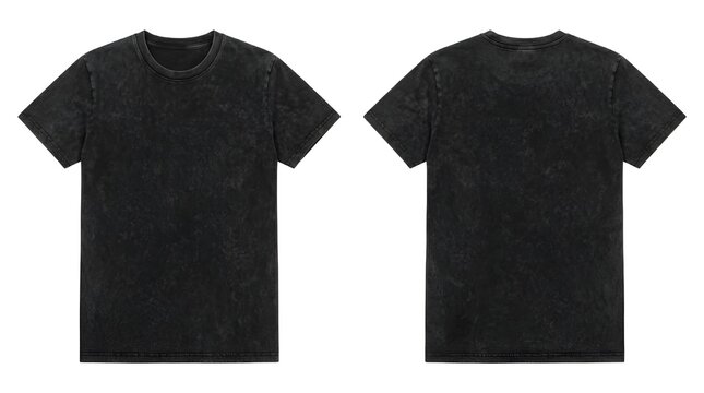 Black acid wash t-shirt mockup front and back view isolated on white