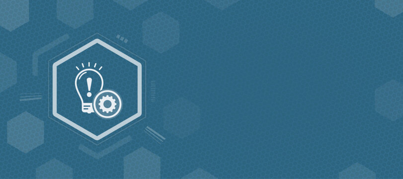 Abstract technical background with hexagonal patterns and a central icon of a light bulb with a gear symbol representing innovation engineering and smart problem solving ideas