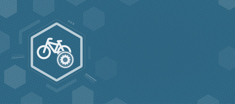 Abstract background featuring a hexagonal icon with a bicycle and gear symbol, representing bicycle service, maintenance, mechanical repair, and urban transport technology.