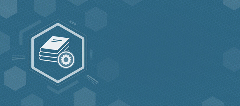 Digital library or knowledge management concept with a stack of books and a gear icon on a blue abstract hexagonal pattern background for educational technology systems