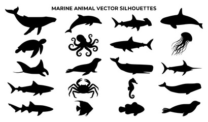 Black and white marine animal silhouette vector set with ocean wildlife isolated on white background © abdul