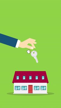 Hand holding key over the house. House buying 4k video animation	