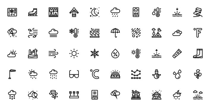Weather icon set. Minimalist line icons. Featuring weather symbols: rain, snow, wind, storm, umbrella, rainbow, fog, sun, moon, ice, and more. Editable vector stroke.