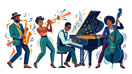Diverse Jazz Band Performing Lively Music with Piano, Saxophone, Trumpet, and Bass © heru