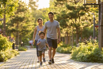 Obraz premium Happy family walking together on a sunny park path surrounded by trees and flowers