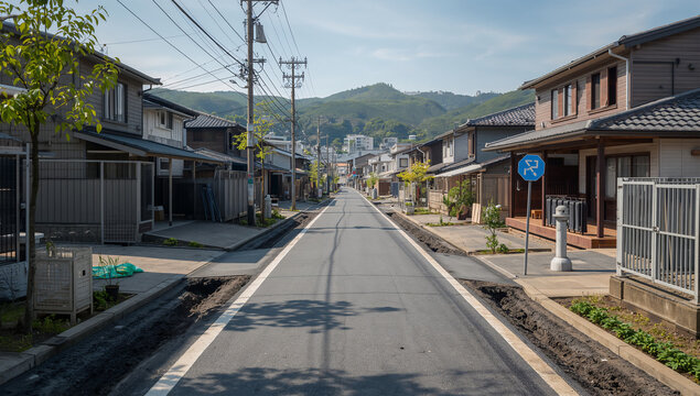 春の住宅街で排水路と道路が整った水害復興後の清潔な風景