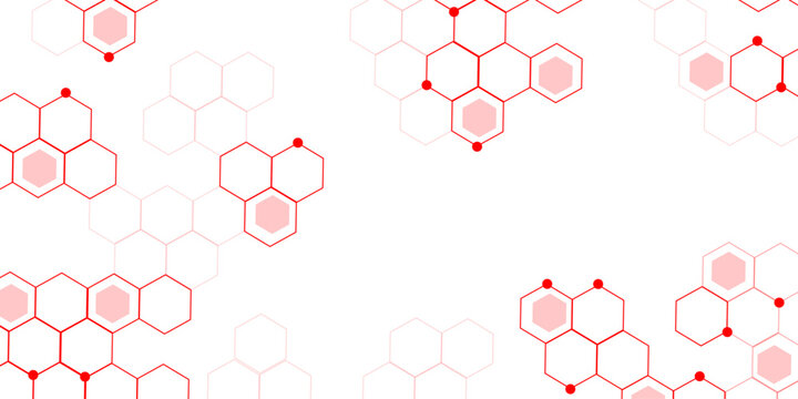 Abstract white background with red hexagons seamless pattern and geometric in vector design. Futuristic blue neon honeycombs. .Science network pattern, connecting lines and dots Medical background,