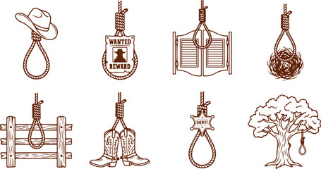 Wild west cowboy icons set hat rope wanted sign saloon boots sheriff tree on transparent background. © Sadhin