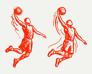 Dynamic Hand Drawn Basketball Player Slam Dunk Vector Logo Set: Professional Athlete Sports Sketch Icons for Basketball Club Team Identity © supergaff