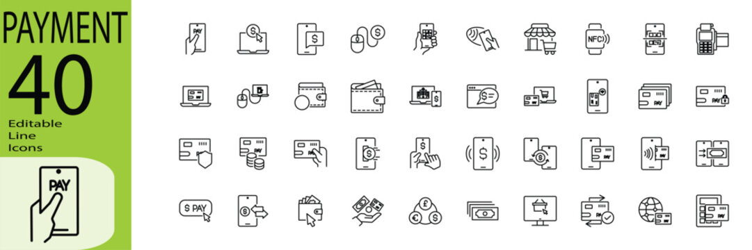 Payment icon set. Editable stroke.