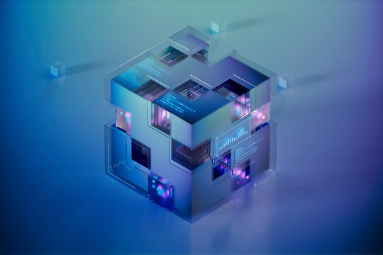 3D luminous data house with floating cube accents