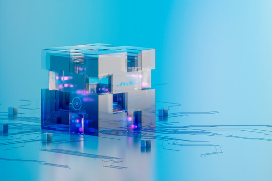 3D cyber cube architecture with blue circuit wallpaper