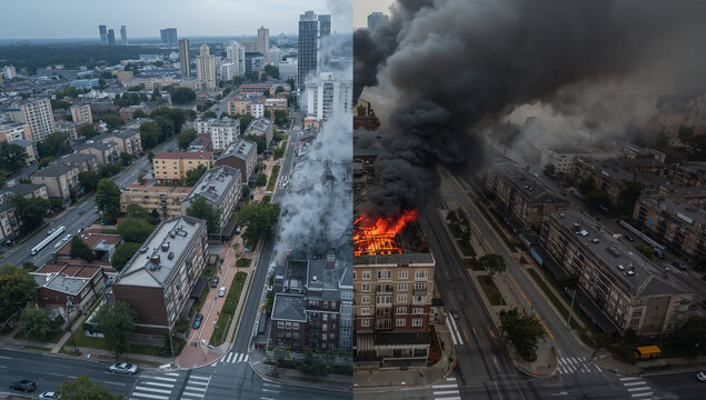 火災前の都市区画と黒煙が上がる建物火災を左右で比較する写真素材