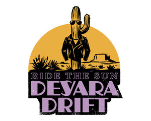 Desert adventure vintage print design for t shirt. Ride the sun. Desert drift graphic. Explore more. Wild west travel poster. © rahel lila