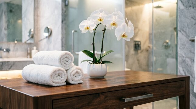 Luxury Bathroom Vanity with White Orchids and Rolled Towels for Spa Design