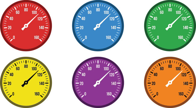 Set of colorful flat design vector gauges showing various measurements ideal for dashboard interfaces data visualization or performance indicators
