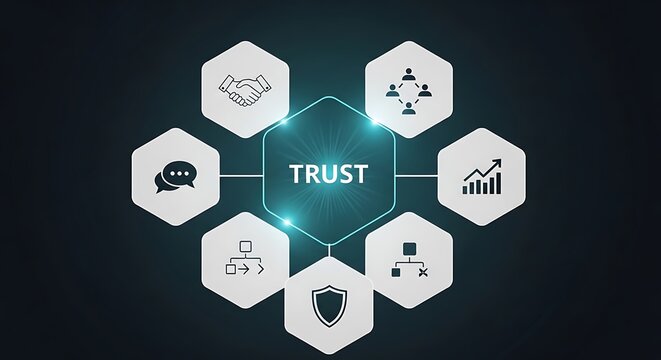 Hexagonal trust network concept with interconnected icons on dark teal background