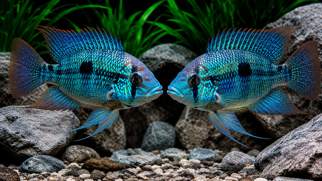 Two electric blue cichlid fish facing each other in an aquarium. Vibrant turquoise tropical fish swimming underwater. Aquascaping background with rocks and green plants