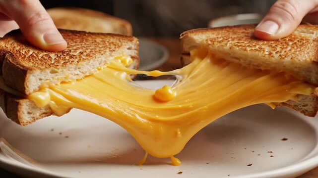 Hands Pulling Apart Toasted Grilled Sandwich with Thick Stretching Melted Orange Cheese