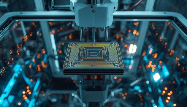 Futuristic Semiconductor Assembly Robot Inspecting Advanced Processor Chip Inside Automated Smart Factory Environment