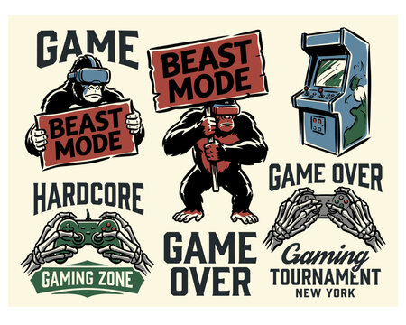 Gaming zone. Beast mode gorilla with VR headset. Skeleton hands holding controller. Retro arcade machine. Game over tournament design for t shirt.