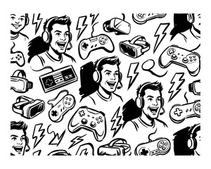 Level up your game. Gaming pattern design for t shirt print, poster, sticker, background. Gamer life. Video game graphic print. © rahel lila