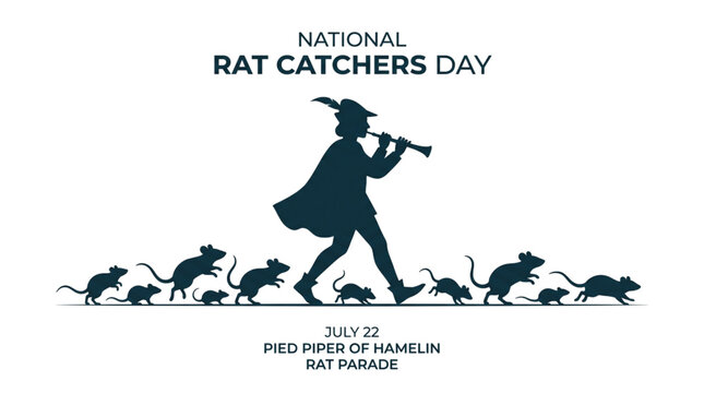 National Rat Catchers Day Vector Silhouette Illustration with Pied Piper Leading Rats Parade July 22 Celebration Design
