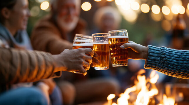 Faceless group of mature friends sitting around fire and making a toast at outdoor campsite bar, fireside celebration, toast moment, beverage sharing, with copy space