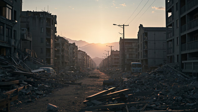 夜明けの被災地で壊れた住宅街と瓦礫が静かに残る風景