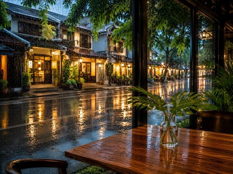 Golden hour tropical cafe interior during rainfall in Southeast Asia