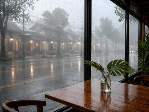 Foggy rainy tropical cafe window overlooking misty urban street