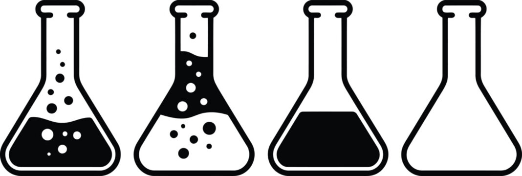 Four erlenmeyer flasks with varying liquid levels black and white vector