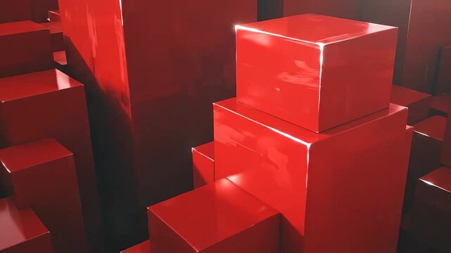 A collection of glossy red cubes arranged in a geometric pattern
