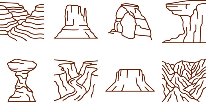 Desert landscape rock formation icons set of canyon arch mesas on transparent background vector.
