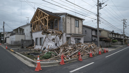 Fototapeta premium 通行規制された住宅街で傾いた家屋の被害を記録する風景