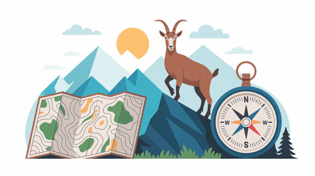 A vector illustration of an ibex standing on a mountain peak next to an open topographical trail map and a directional compass with a bright sun background.