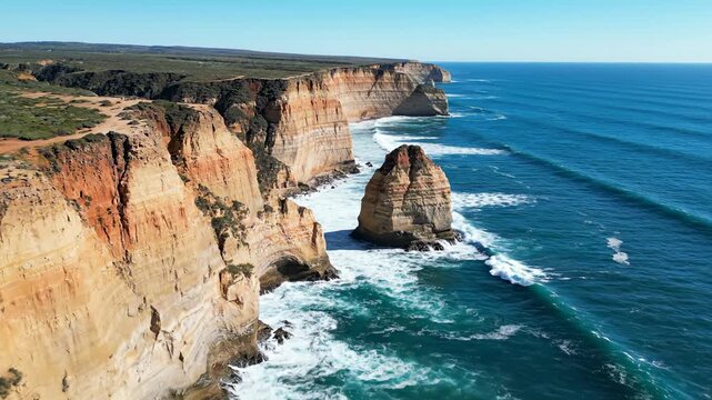 Spectacular panoramic view captures the dramatic sandstone cliffs and powerful ocean waves crashing against the iconic sea stacks along a rugged coastline under a clear blue sky, showcasing