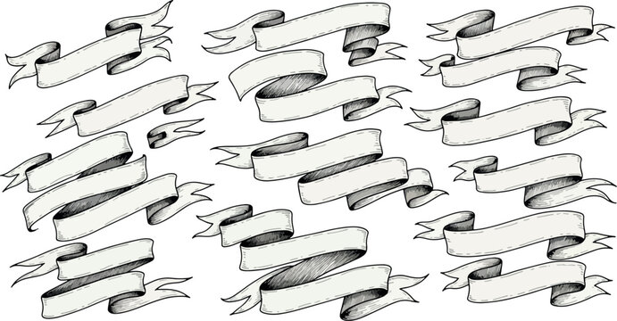 Engraved style black and white ribbon banners
