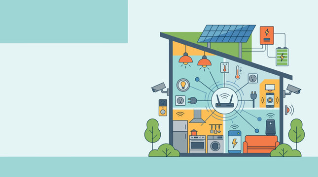 Smart home cross section vector illustration with solar energy system. Automated eco house cutaway infographic with wifi router network connection