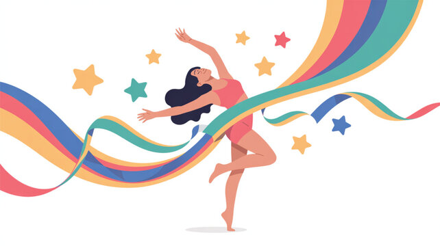 A woman gracefully dances with swirling colorful ribbons and scattered star shapes while positioned against a neutral light grey background in a flat illustration style.