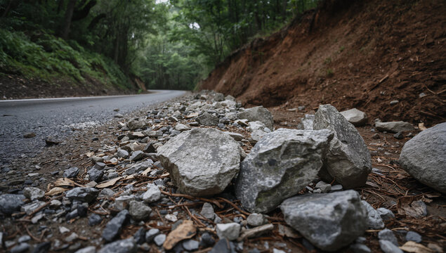低い視点で山道の落石と土砂が路面を覆う被害風景
