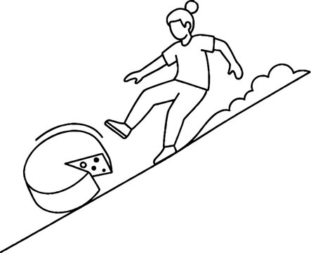 Cartoon character chasing giant rolling cheese wheel uphill.