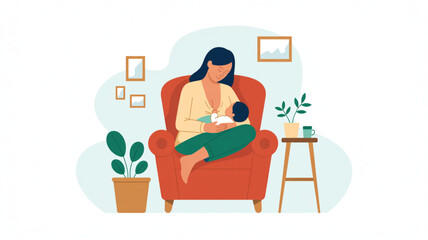 Fototapeta premium A woman sits in a vibrant orange armchair nursing her baby in a cozy living room decorated with simple framed wall art and a small wooden side table.